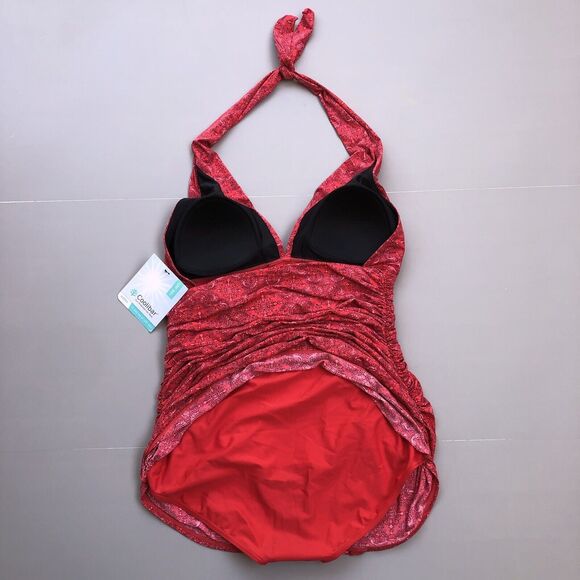 COOLIBAR Women 14 One Piece Swimsuit Halter Ruched UPF 50+ Paisley Red New - Picture 3 of 11